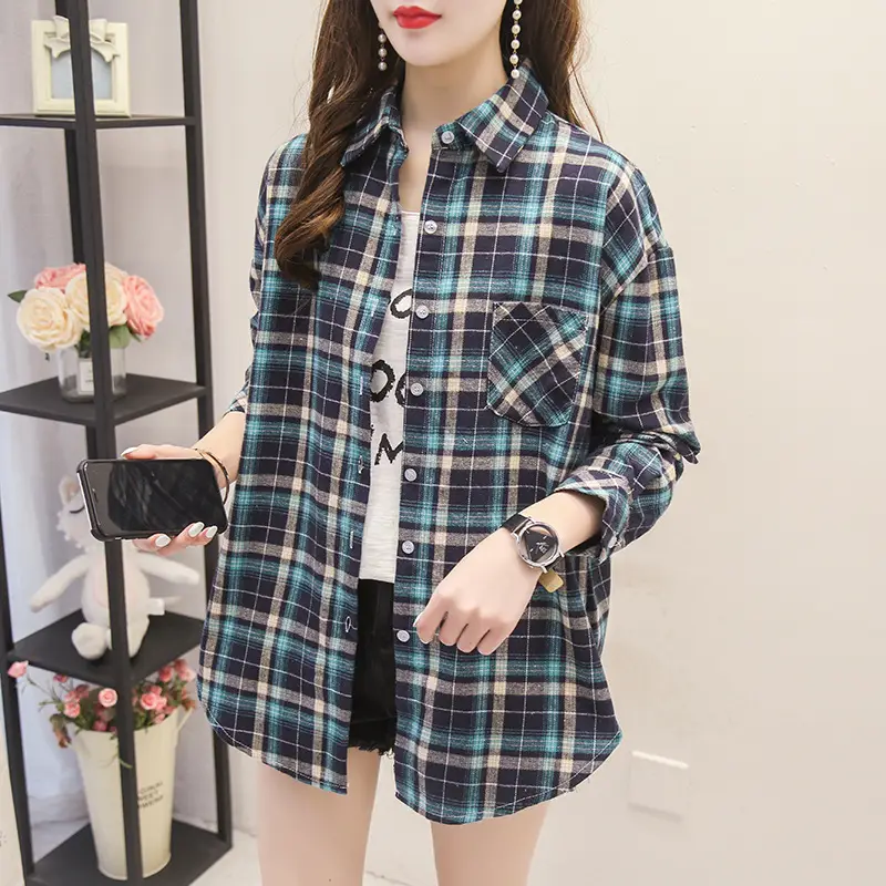 Women Plaid Long Sleeve Shirt Pink Blue Loose 2025 - Image 3
