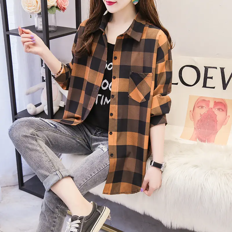Women Plaid Long Sleeve Shirt Pink Blue Loose 2025 - Image 5
