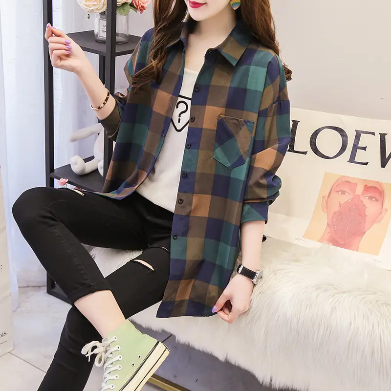 Women Plaid Long Sleeve Shirt Pink Blue Loose 2025 - Image 6
