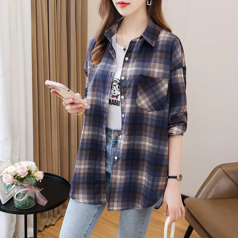 Women Plaid Long Sleeve Shirt Pink Blue Loose 2025 - Image 14