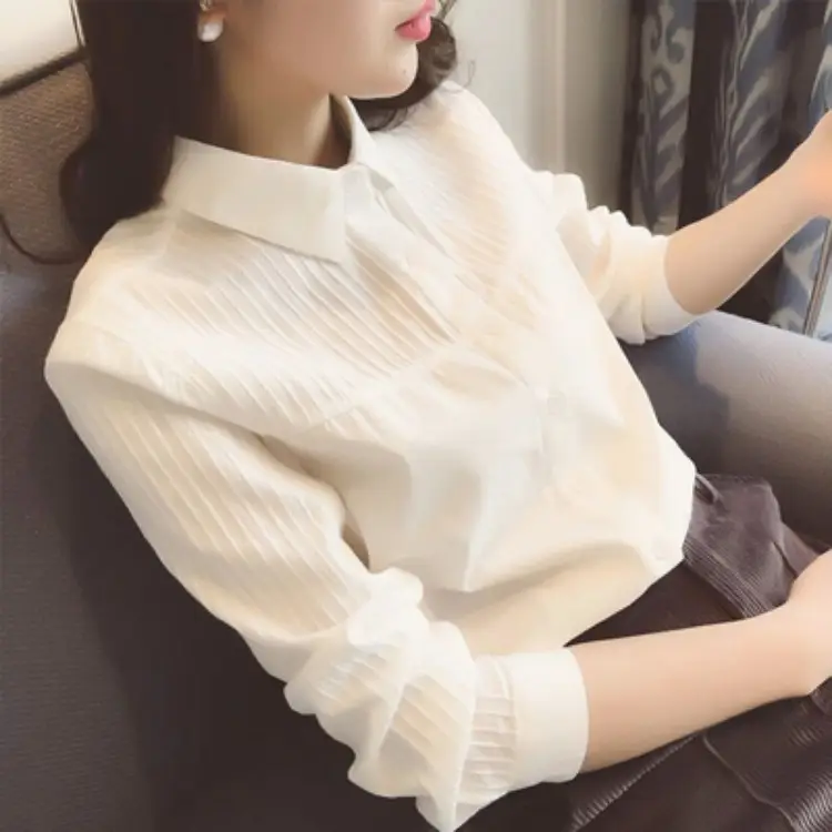2022 White Long Sleeve Slim Fit Korean Style Shirt - Image 5