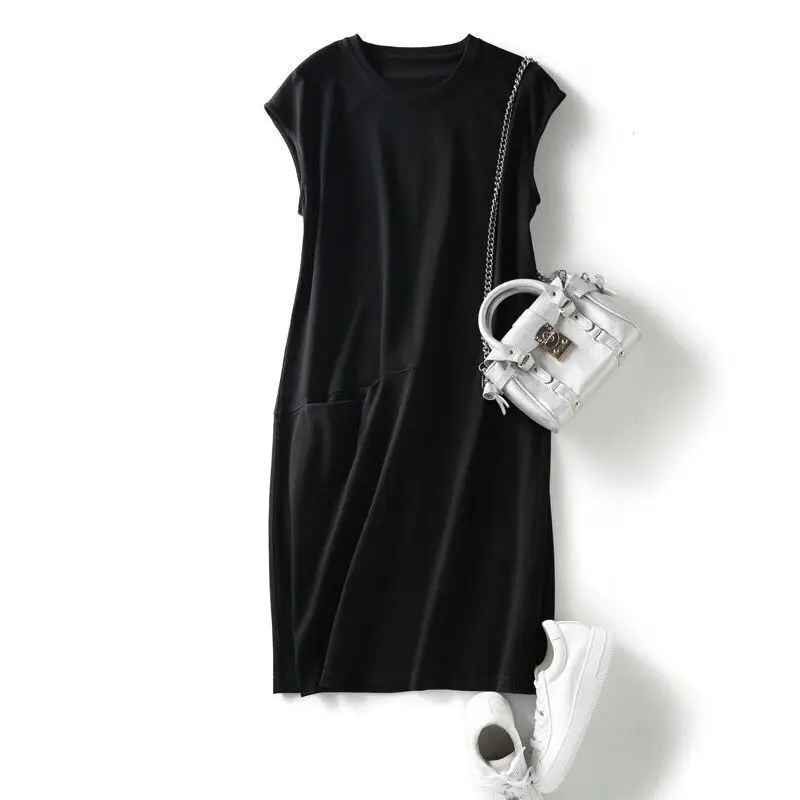 Black Korean Style Loose Slim T-Shirt Dress Women Mid Length - Image 7
