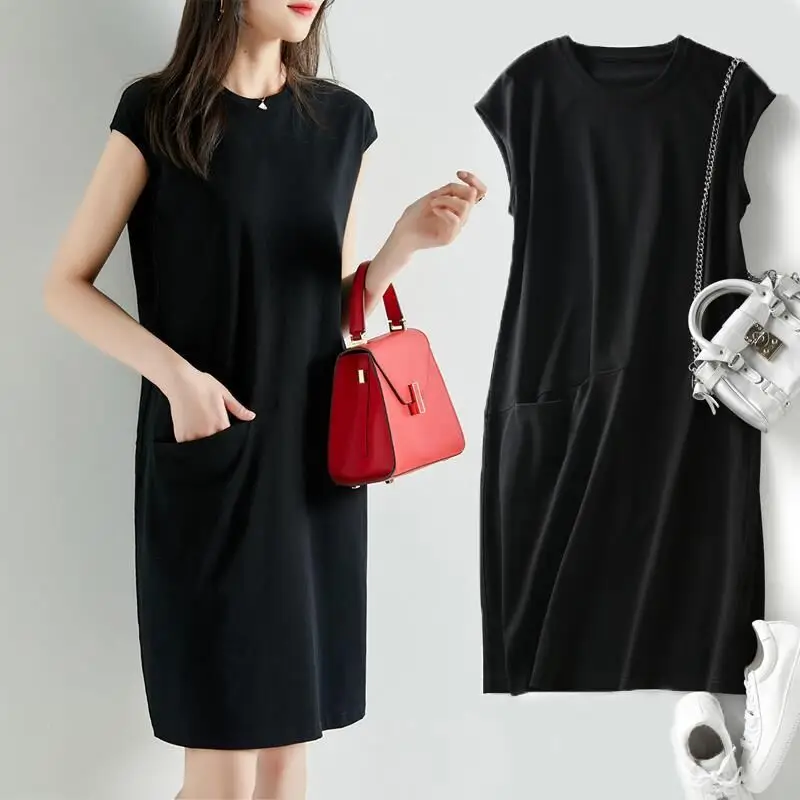 Black Korean Style Loose Slim T-Shirt Dress Women Mid Length — feature 2