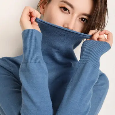 Women Blue Knit Turtleneck Pullover Winter Wear - Image 7