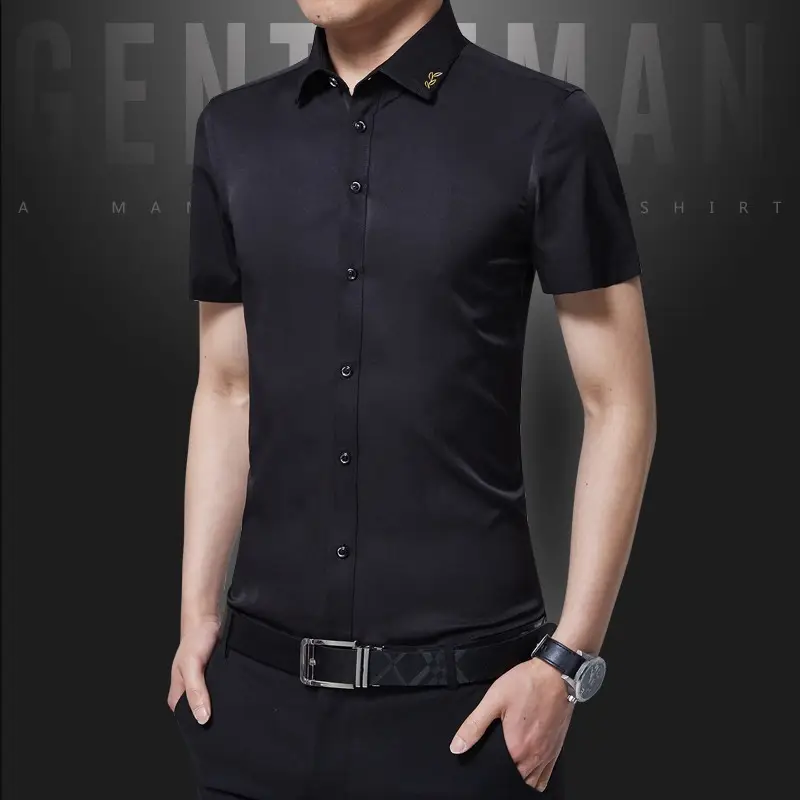 Men Slim Fit Blue Short Sleeve Business Shirt