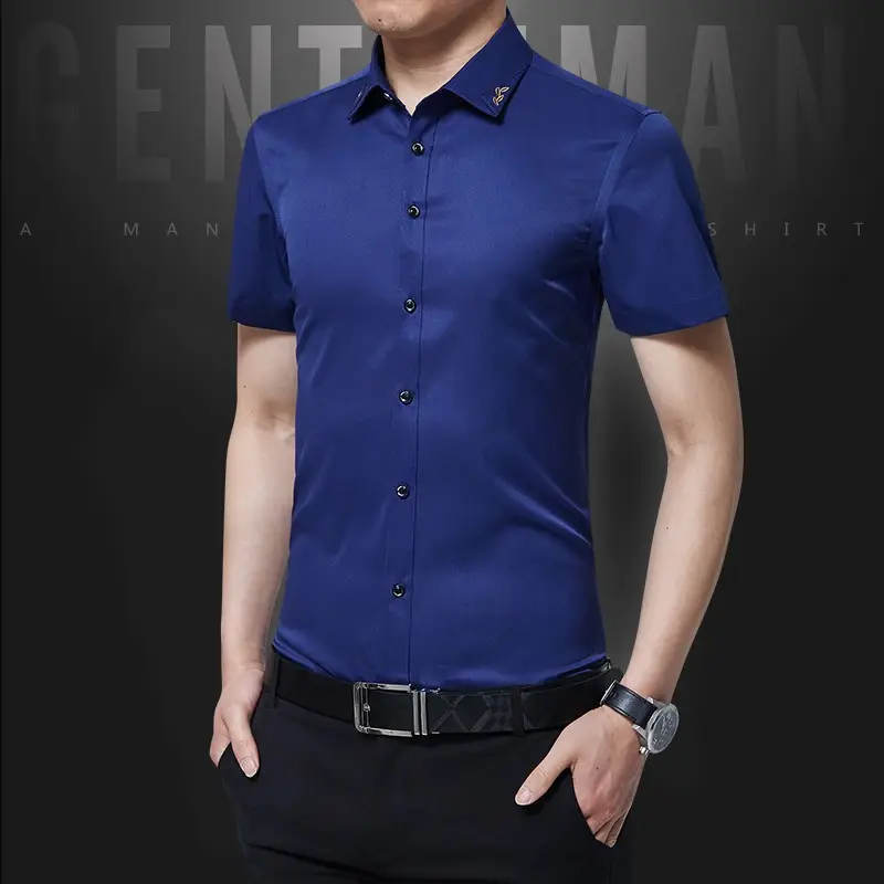 Men Slim Fit Blue Short Sleeve Business Shirt