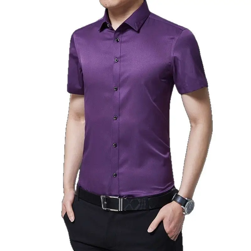 Men Slim Fit Blue Short Sleeve Business Shirt
