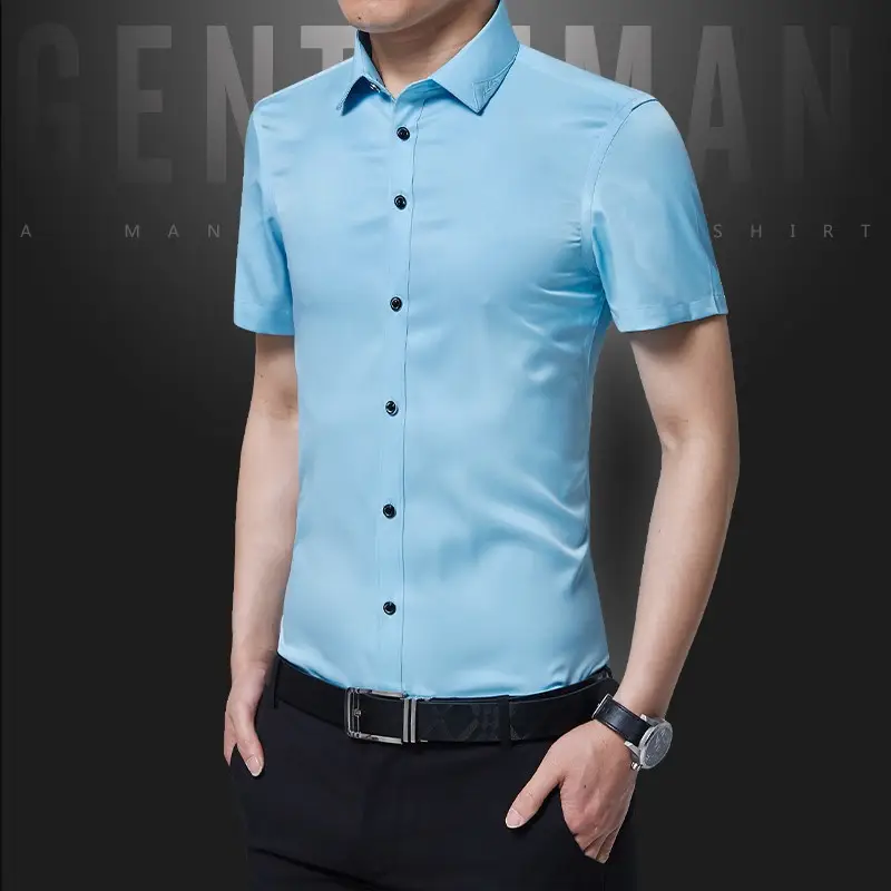 Men Slim Fit Blue Short Sleeve Business Shirt