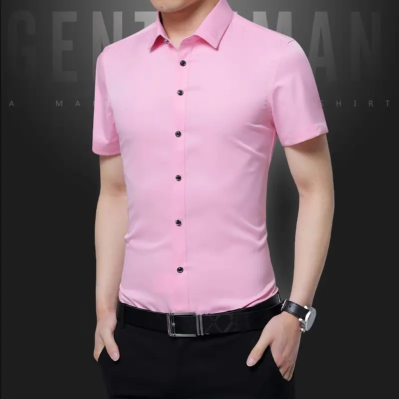 Men Slim Fit Blue Short Sleeve Business Shirt