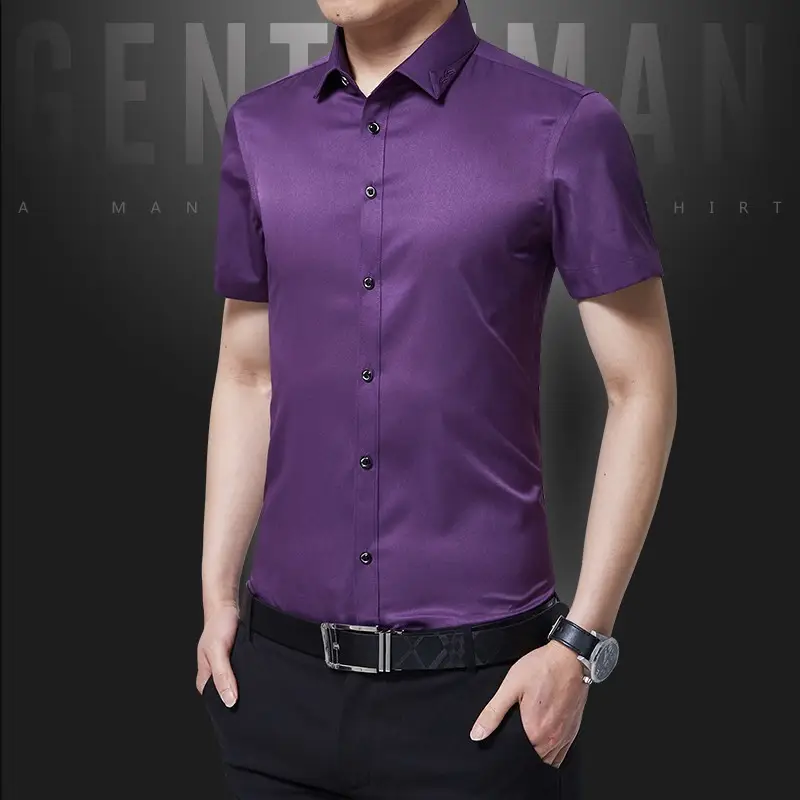 Men Slim Fit Blue Short Sleeve Business Shirt