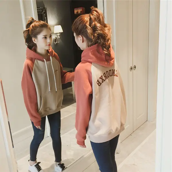 Women Korean Style Hooded Sweatshirt Green Beige Fleece - Image 3