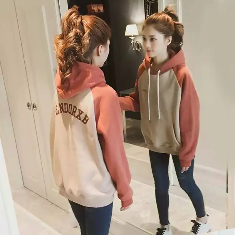 Women Korean Style Hooded Sweatshirt Green Beige Fleece - Image 5