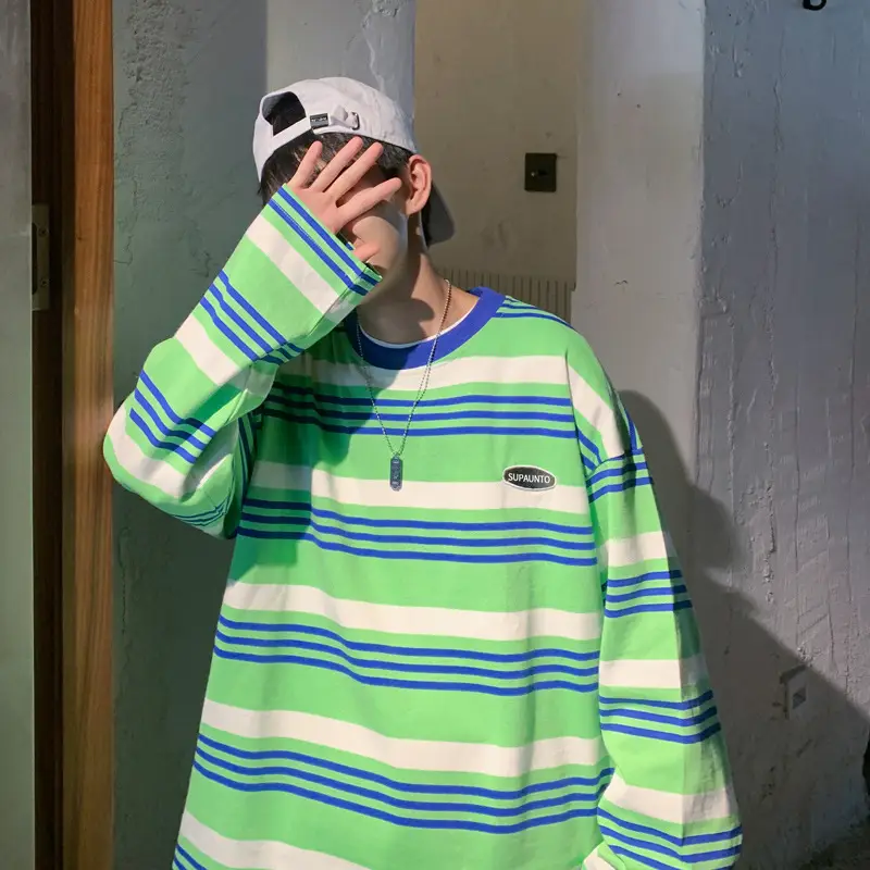 Men Long Sleeve Striped T-Shirt Green Blue Loose Fit