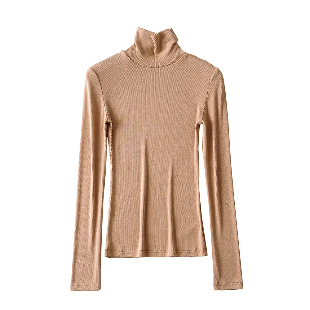 Women's Brown Knitted Turtleneck Long Sleeve Top