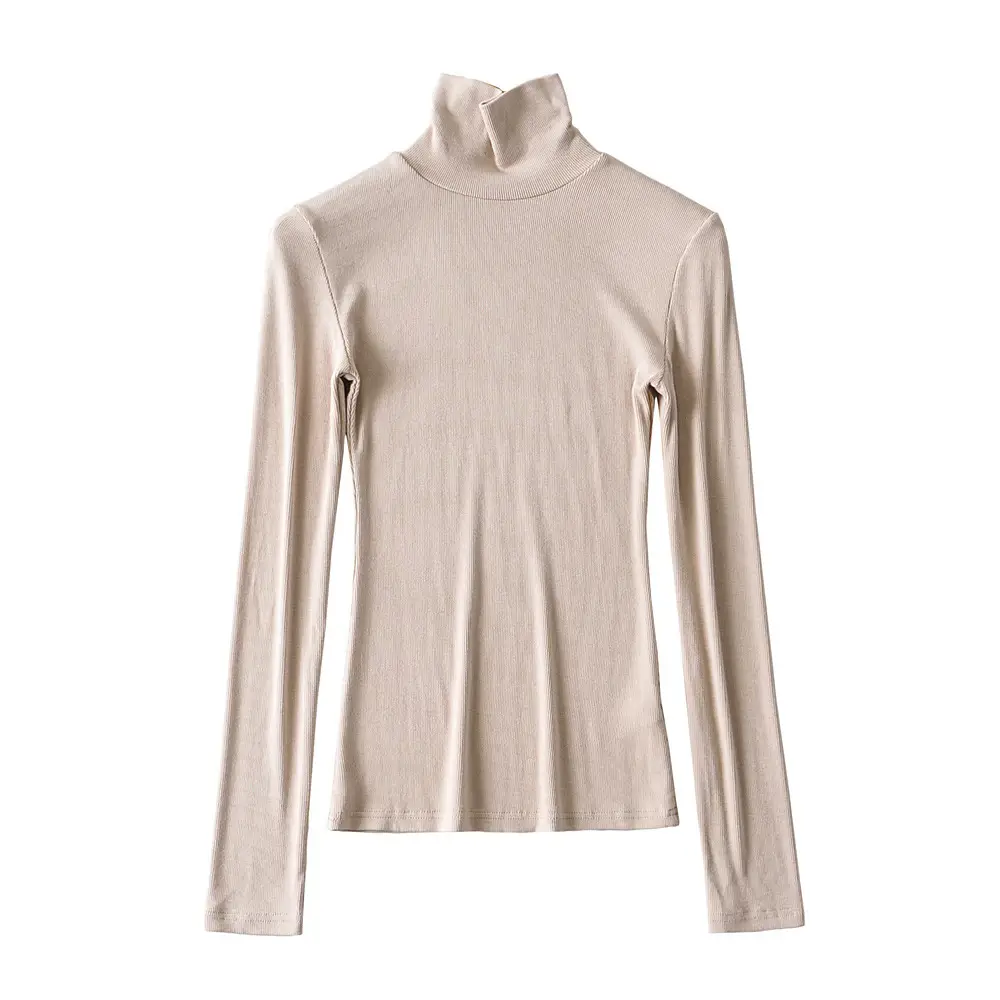 Women's Brown Knitted Turtleneck Long Sleeve Top