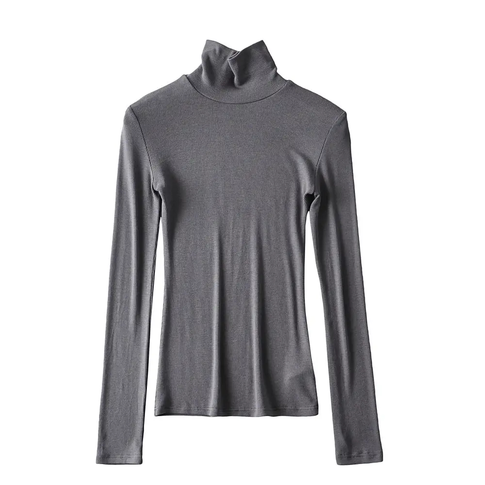 Women's Brown Knitted Turtleneck Long Sleeve Top