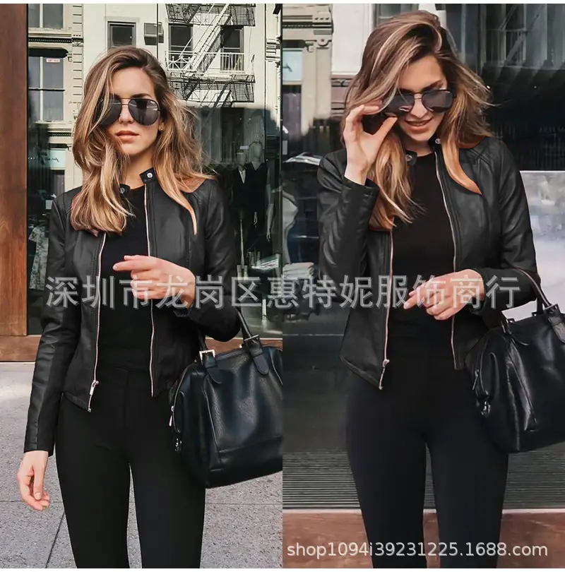 Women's Black PU Leather Jacket Coat 2020 Winter - Image 16