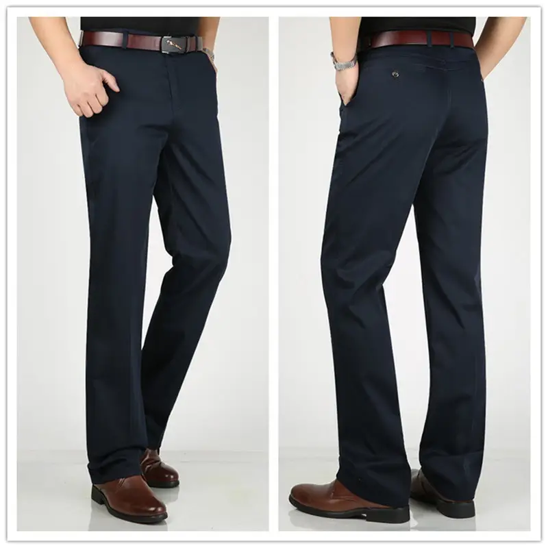 Men Dark Blue Straight Fit Casual Pants Large - Image 3