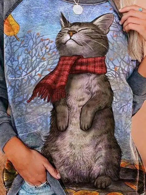 2020 Kitten Print Long Sleeve Sweatshirt Grey Blue