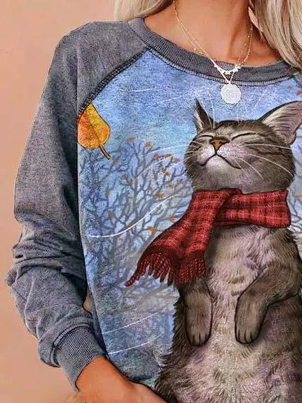 2020 Kitten Print Long Sleeve Sweatshirt Grey Blue