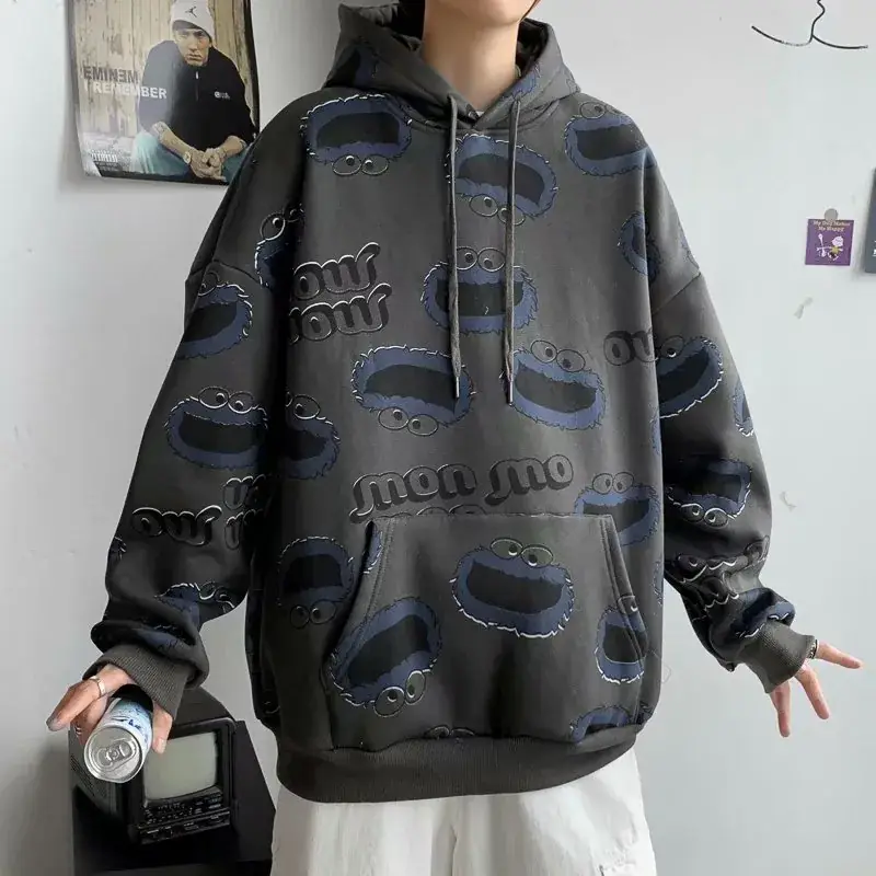 Men Korean Style Fleece Hoodie Red Couple Print