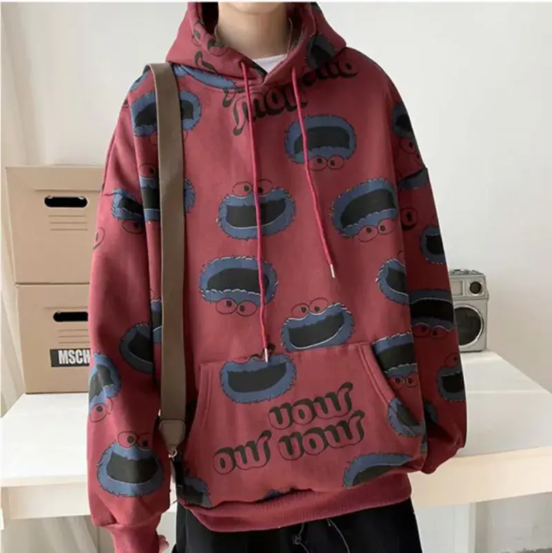 Men Korean Style Fleece Hoodie Red Couple Print