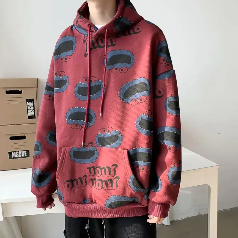 Men Korean Style Fleece Hoodie Red Couple Print