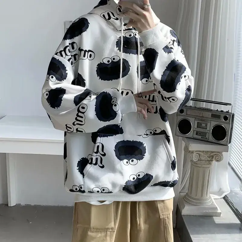 Men Korean Style Fleece Hoodie Red Couple Print