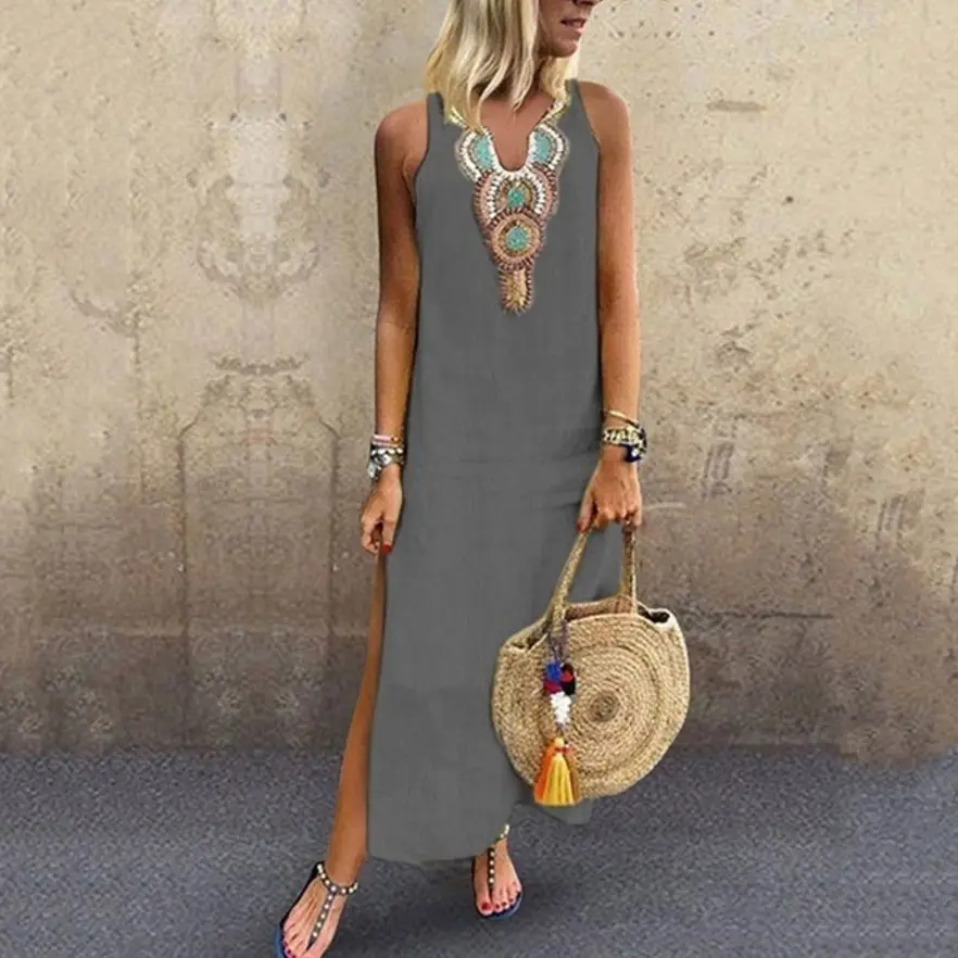 2022 Summer Women Linen Sleeveless Dress Deep V Neck Embroidered - Image 8
