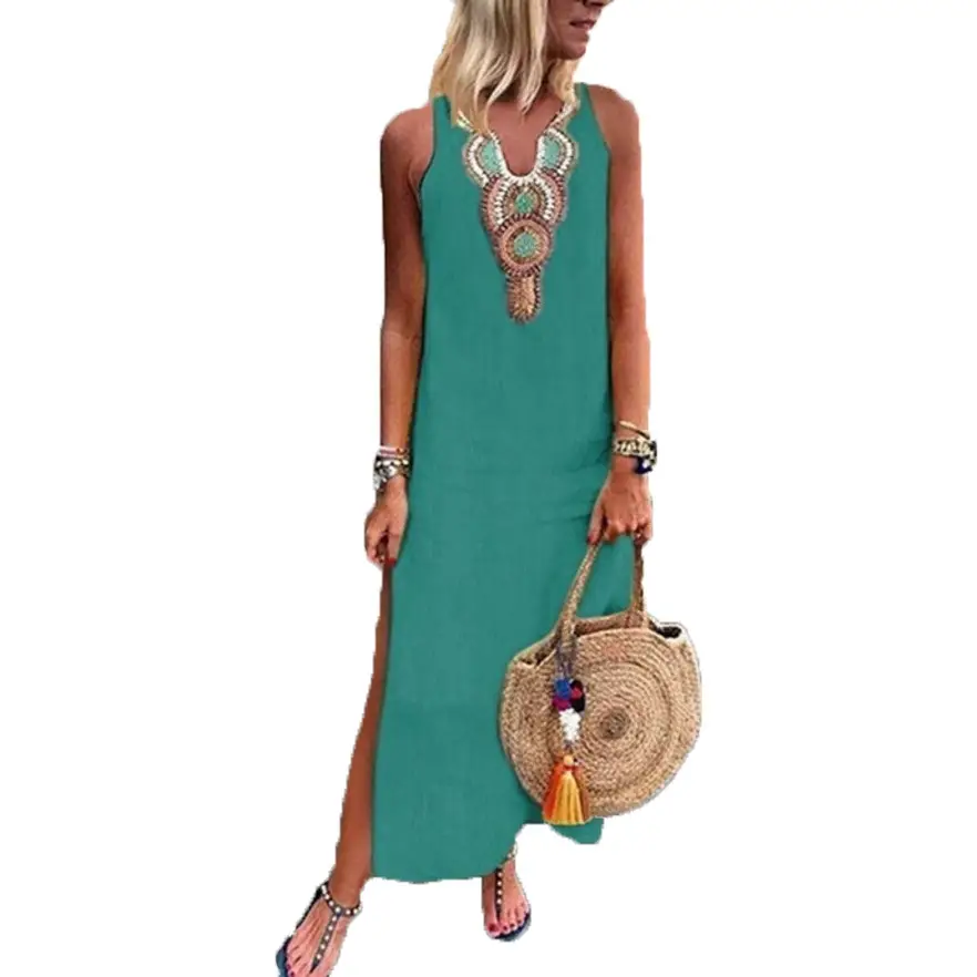 2022 Summer Women Linen Sleeveless Dress Deep V Neck Embroidered - Image 10