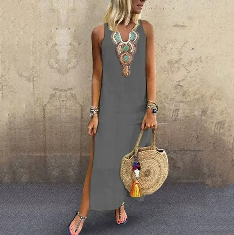 2022 Summer Women Linen Sleeveless Dress Deep V Neck Embroidered — feature 6