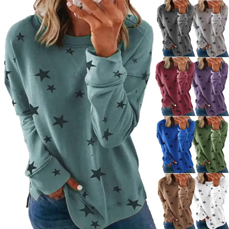 Women Star Print Long Sleeve T-Shirt Brown Large