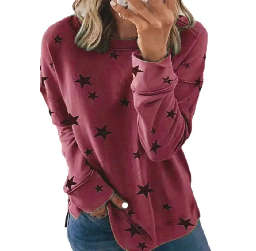 Women Star Print Long Sleeve T-Shirt Brown Large