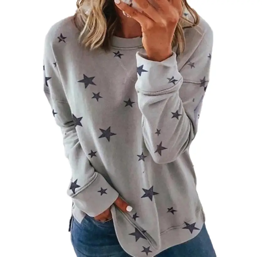 Women Star Print Long Sleeve T-Shirt Brown Large