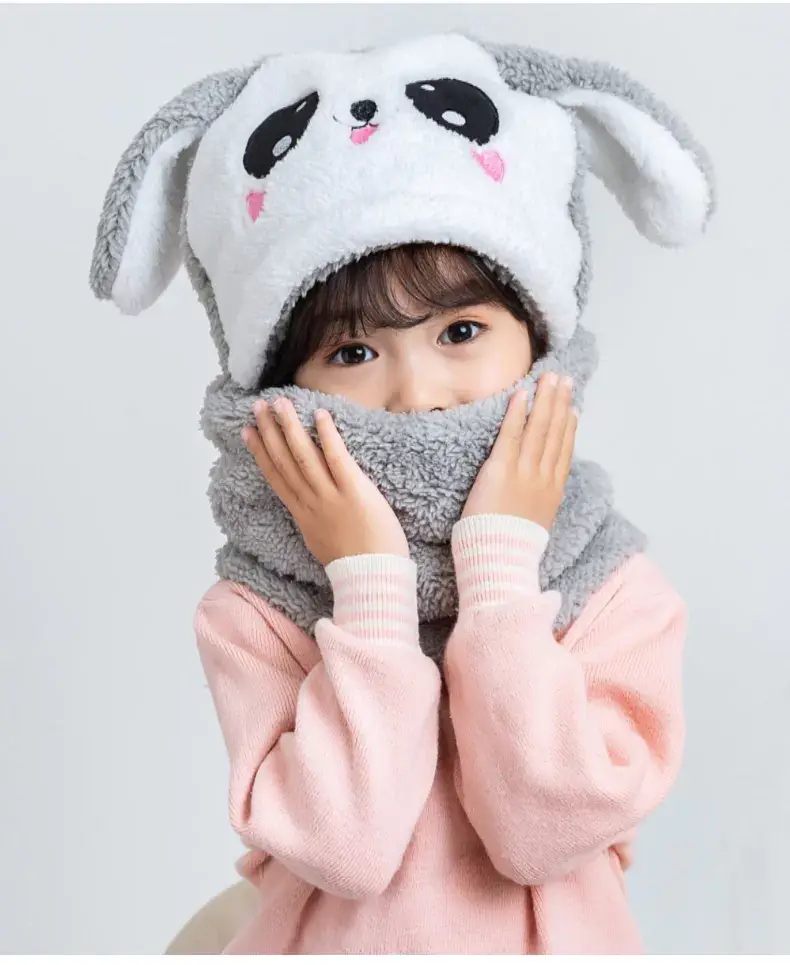Rabbit Ear Hat Scarf Integrated Children's Winter Warm Scarf Hat Women's Cute Thickened Plush Girls' Ear Protection Hat — feature 10