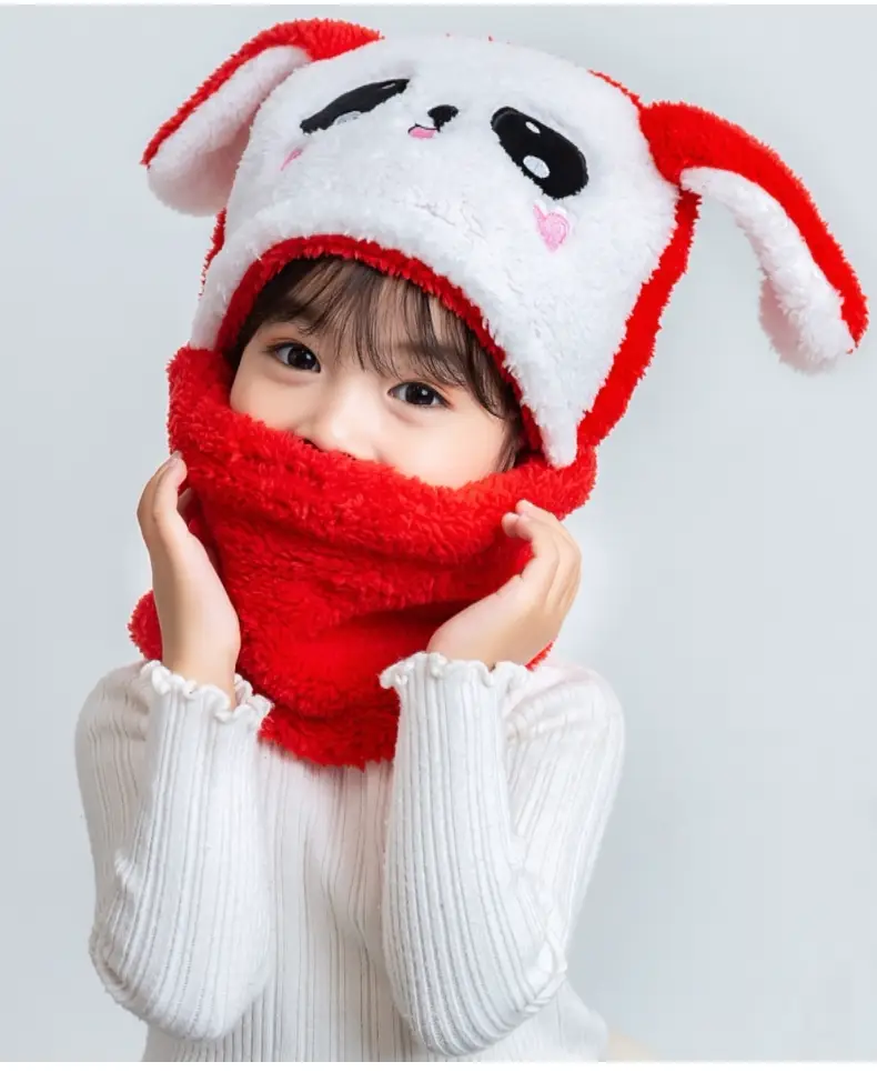 Rabbit Ear Hat Scarf Integrated Children's Winter Warm Scarf Hat Women's Cute Thickened Plush Girls' Ear Protection Hat — feature 12