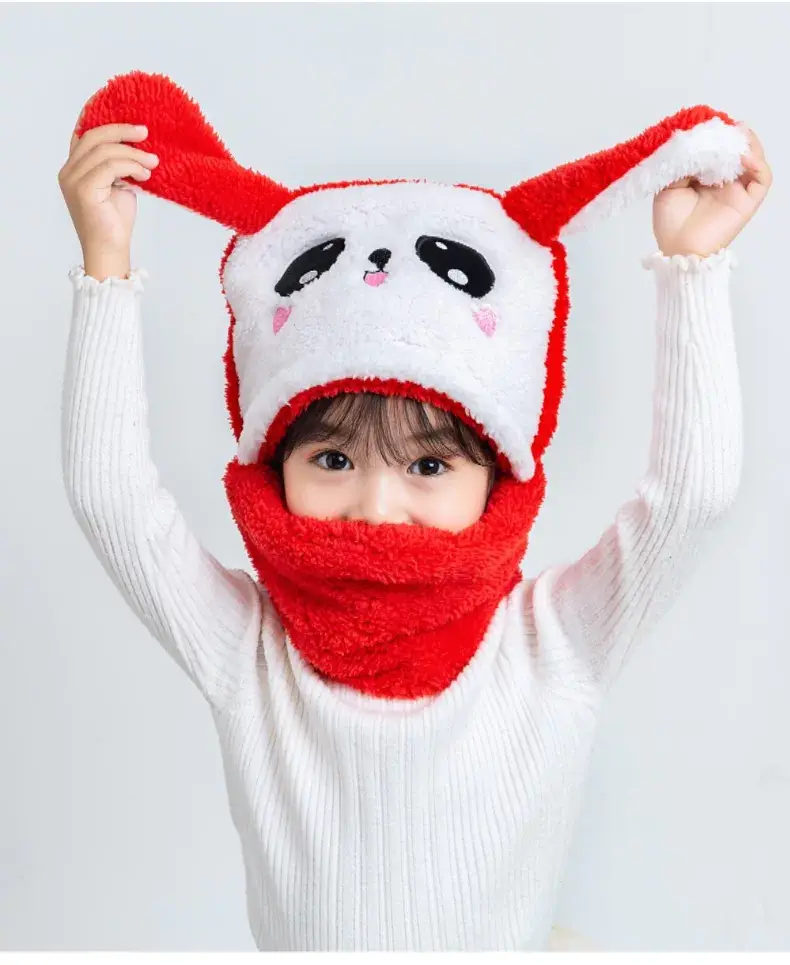 Rabbit Ear Hat Scarf Integrated Children's Winter Warm Scarf Hat Women's Cute Thickened Plush Girls' Ear Protection Hat — feature 14
