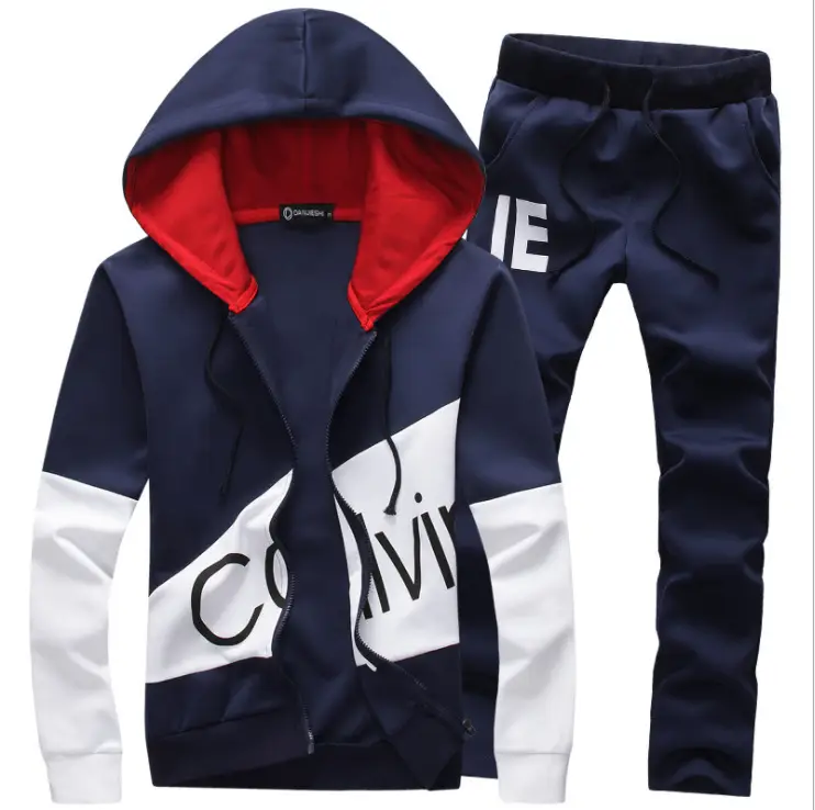 Men Korean Style Hooded Sweatshirt Set Grey White Letter Decorated - Image 3
