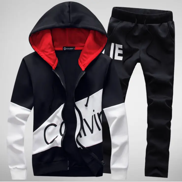 Men Korean Style Hooded Sweatshirt Set Grey White Letter Decorated - Image 2