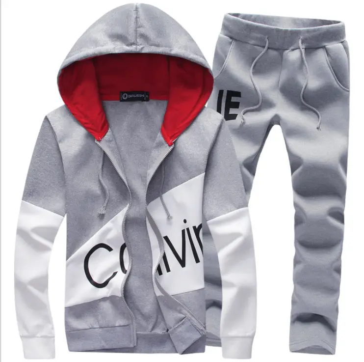 Men Korean Style Hooded Sweatshirt Set Grey White Letter Decorated - Image 5