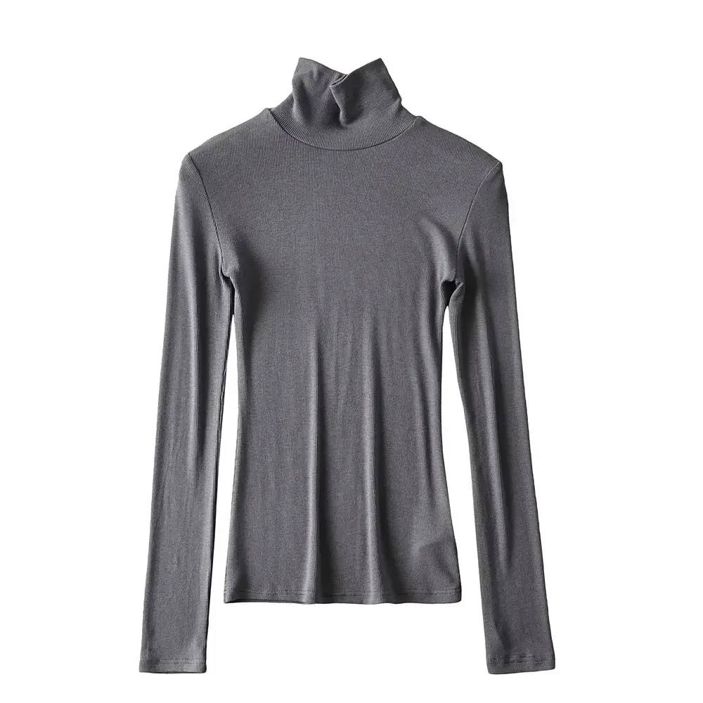 Women High Neck Long Sleeve T-Shirt Solid Beige - Image 9