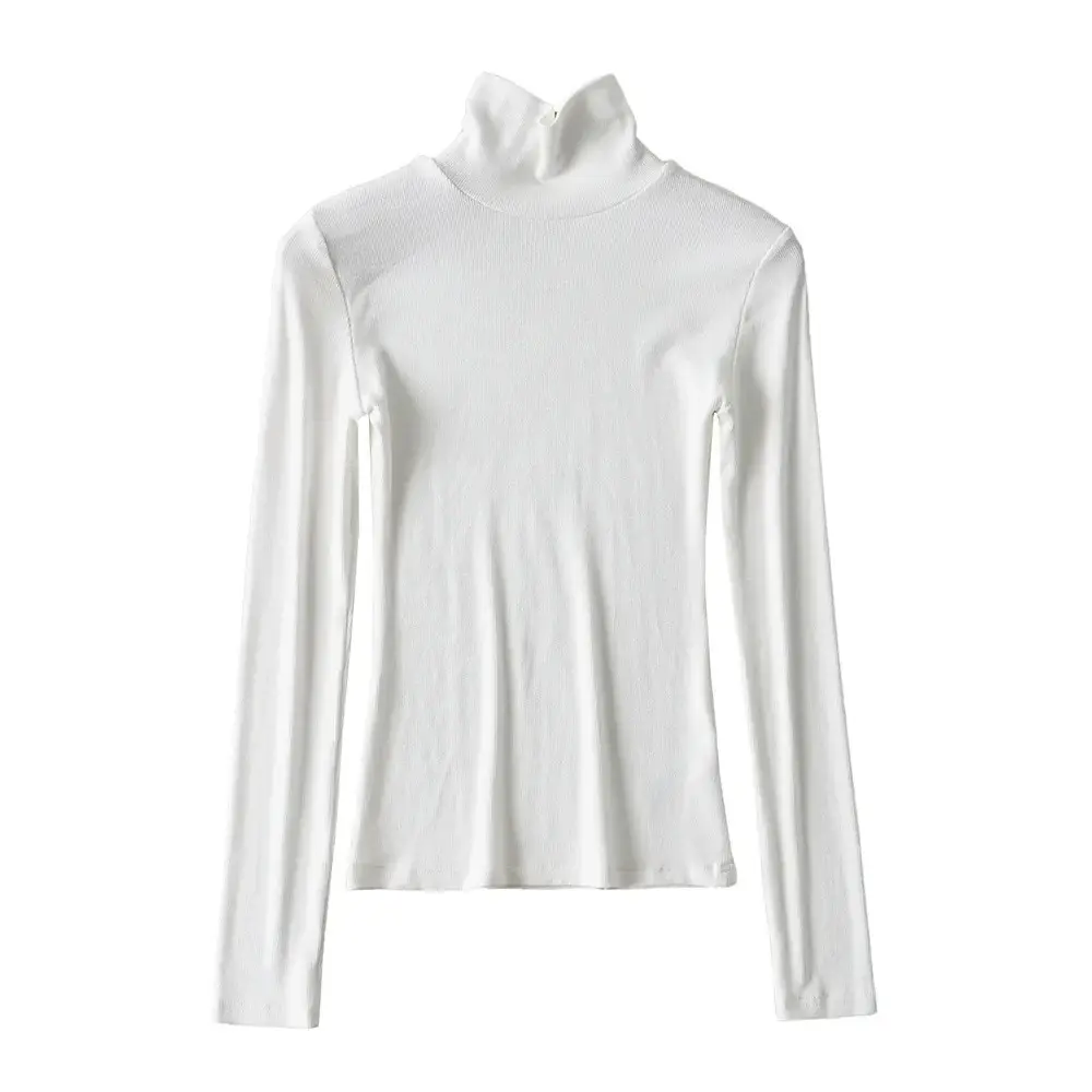 Women High Neck Long Sleeve T-Shirt Solid Beige - Image 11
