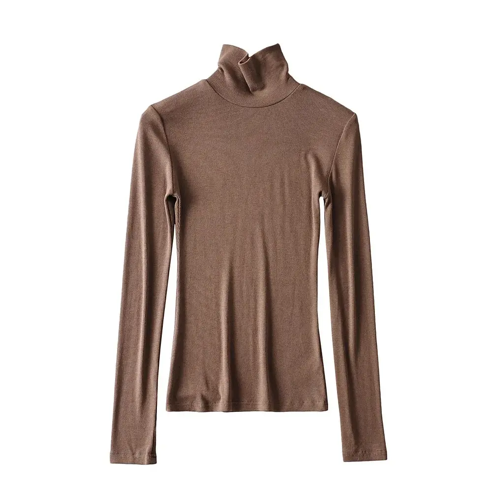 Women High Neck Long Sleeve T-Shirt Solid Beige - Image 13