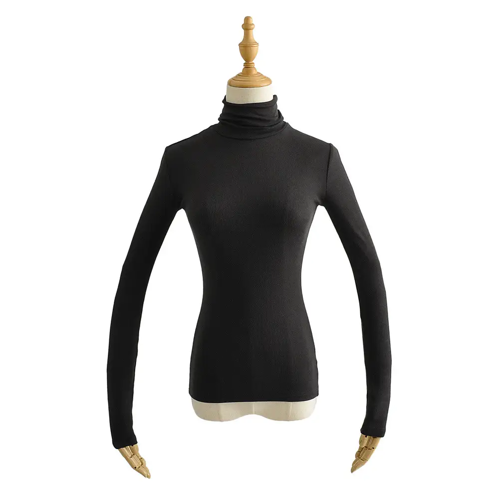 Women High Neck Long Sleeve T-Shirt Solid Beige — feature 10