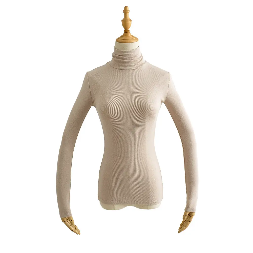Women High Neck Long Sleeve T-Shirt Solid Beige — feature 12