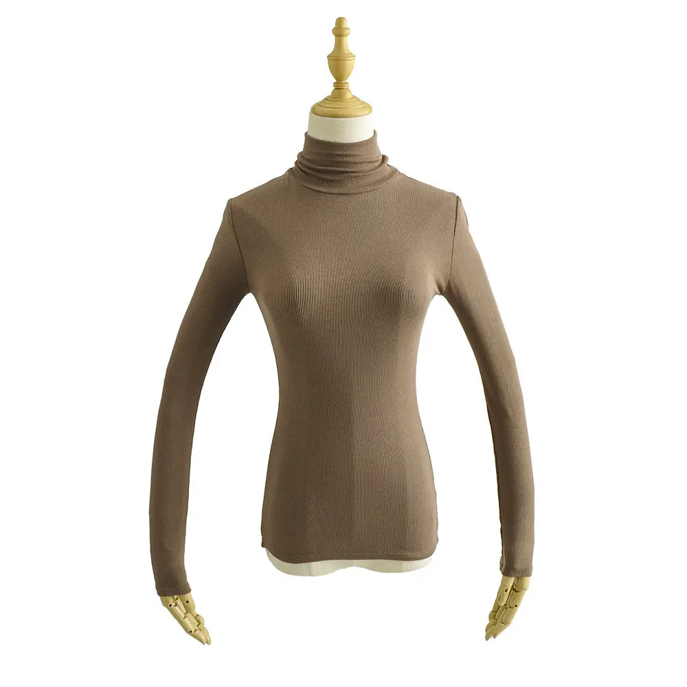 Women High Neck Long Sleeve T-Shirt Solid Beige — feature 13