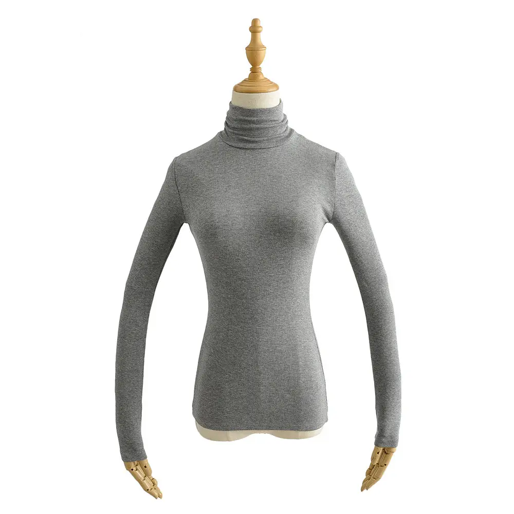 Women High Neck Long Sleeve T-Shirt Solid Beige — feature 14