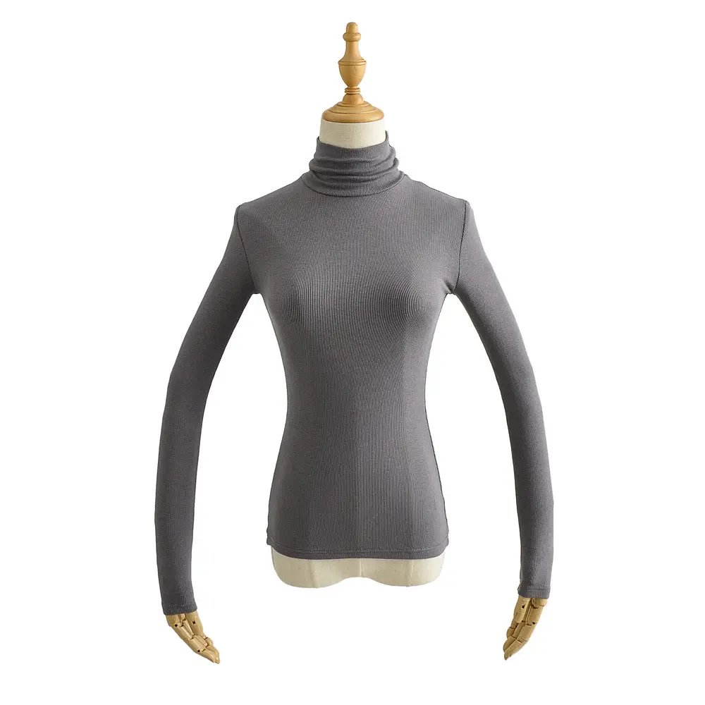 Women High Neck Long Sleeve T-Shirt Solid Beige — feature 15