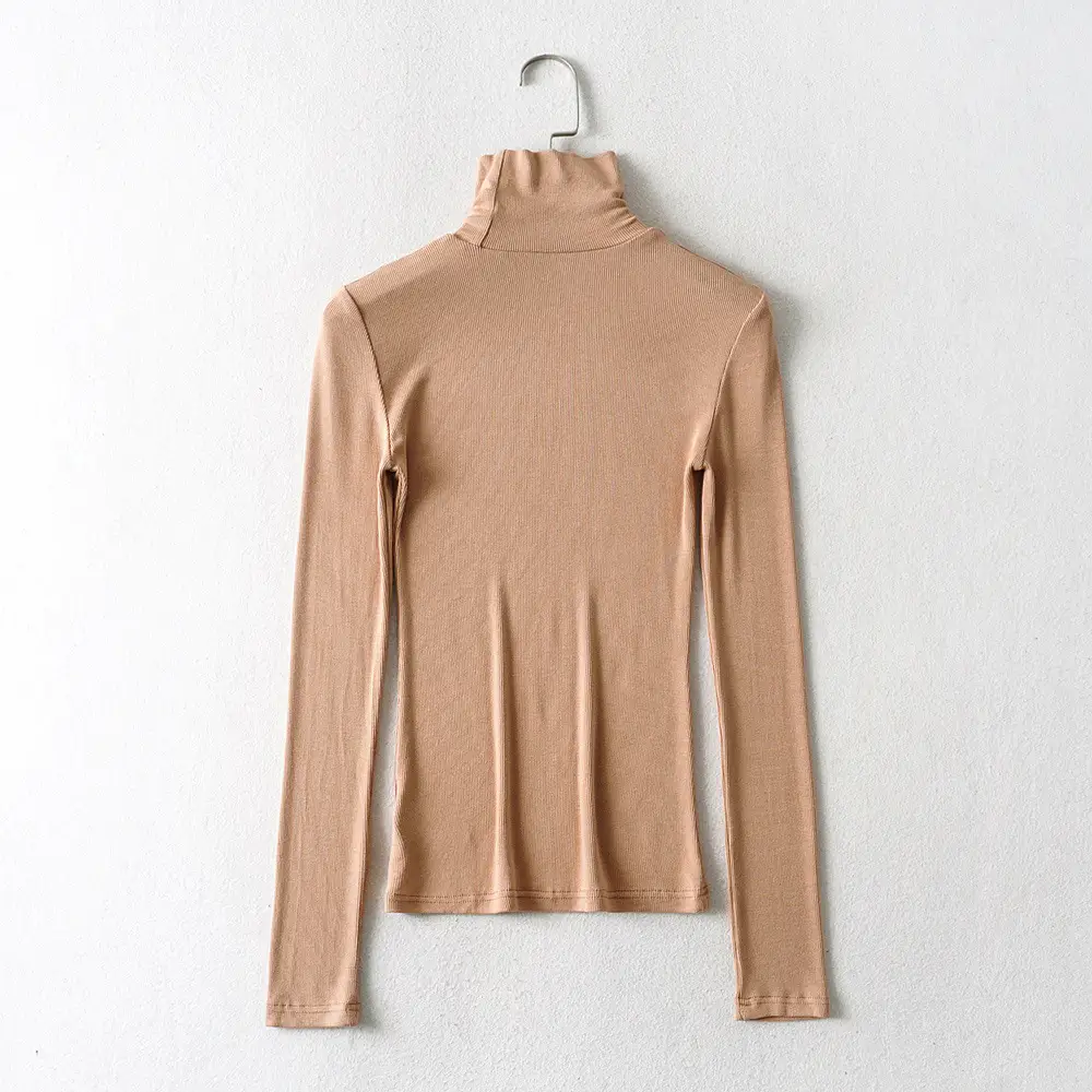 Women High Neck Long Sleeve T-Shirt Solid Beige — feature 19
