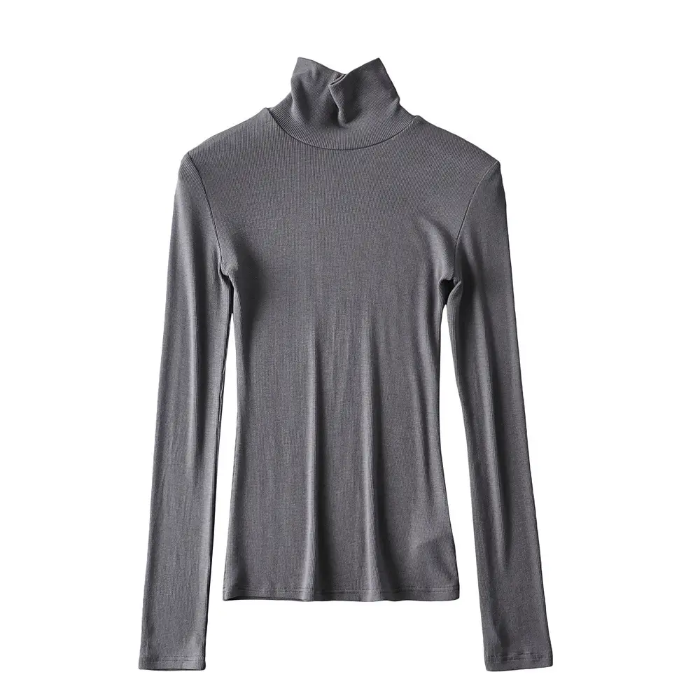 Women High Neck Long Sleeve T-Shirt Solid Beige — feature 2